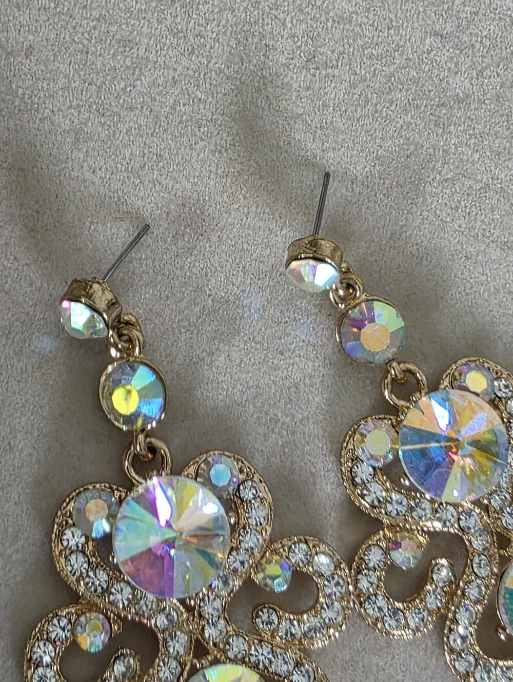 Glamorous Aurora Borealis Crystal Statement Dangle Earrings Gold Tone
